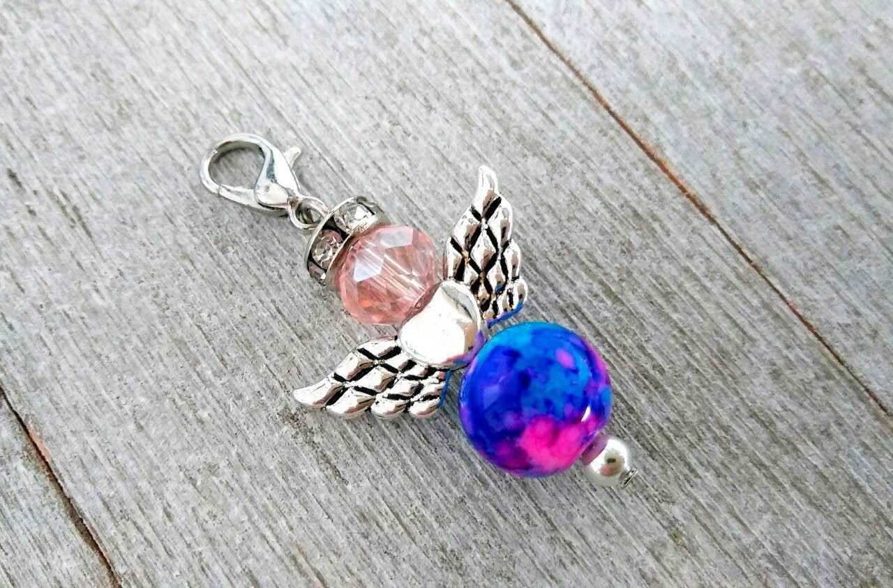 Badge Charm, Guardian Angel Clip On Lobster Clasp Charm, Stitch Keeper, Lobster Claw, Colorful Glass Beads, Keychain Charm, Planner Charm