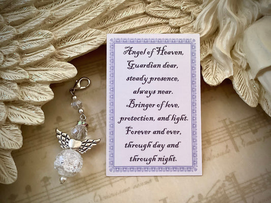 Sparkling Crackle Glass Angel Charm Dangle w/Card Tiny Clip on Clasp Charm, For Planners, Purses, Mom, Grandma, Sweet 16, Wedding Bridal