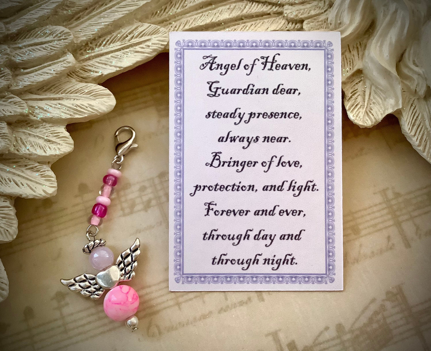 Daughter Gift Angel, Pink Angel Charm Dangle w/Card Tiny Clip on Clasp Charm, For Planners, Purses Sweet 16, New Driver, Car Angel Charm