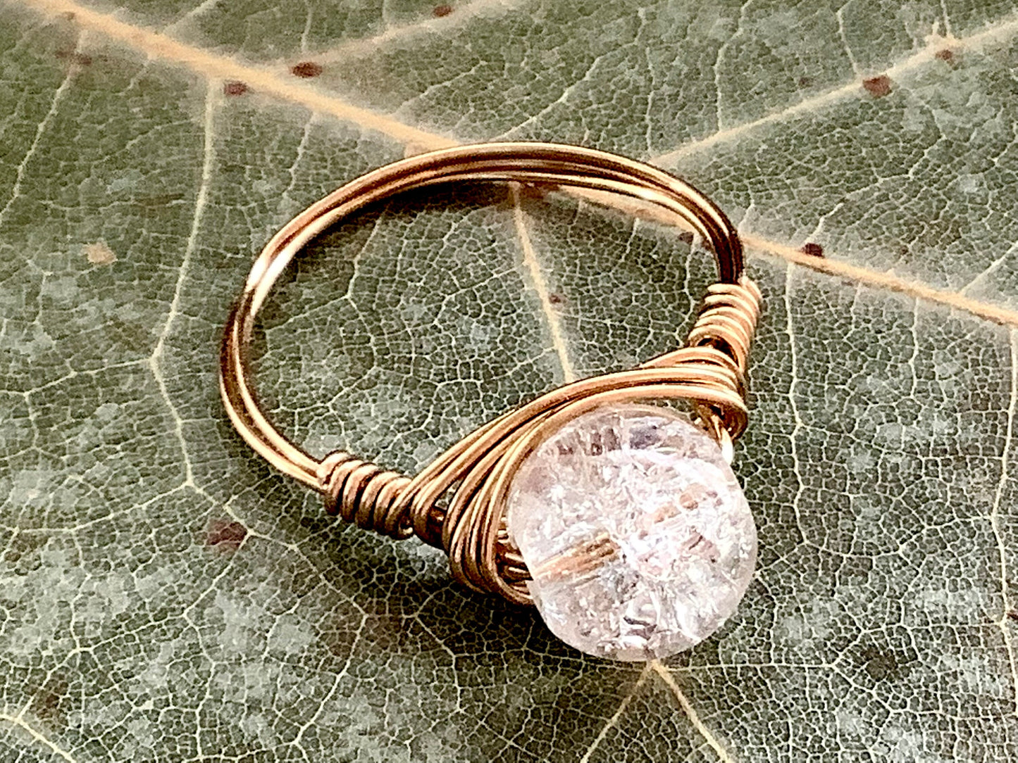 Crystal Ring - Dainty Crackle Glass Crystal Wire Wrapped Ring Gold Tarnish Resistant Brass Wire - Delicate Crystal Ring