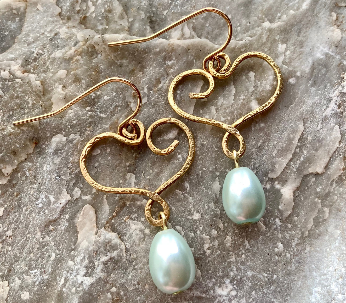 Heart drop earrings - Powder blue glass pearls - Hammered copper wire heart earrings, Valentine’s Day, Something blue earrings, Gold hearts