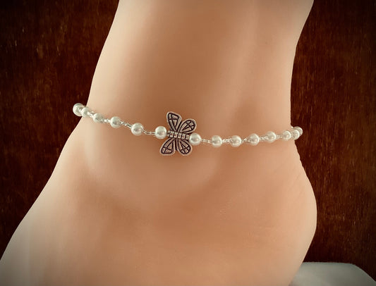 Butterfly Anklet, Stretchy Beaded Ankle Bracelet Stretch Anklet Angel Memory Anklet for the Bride Glass Pearl Anklet Beach Bride Gift Anklet