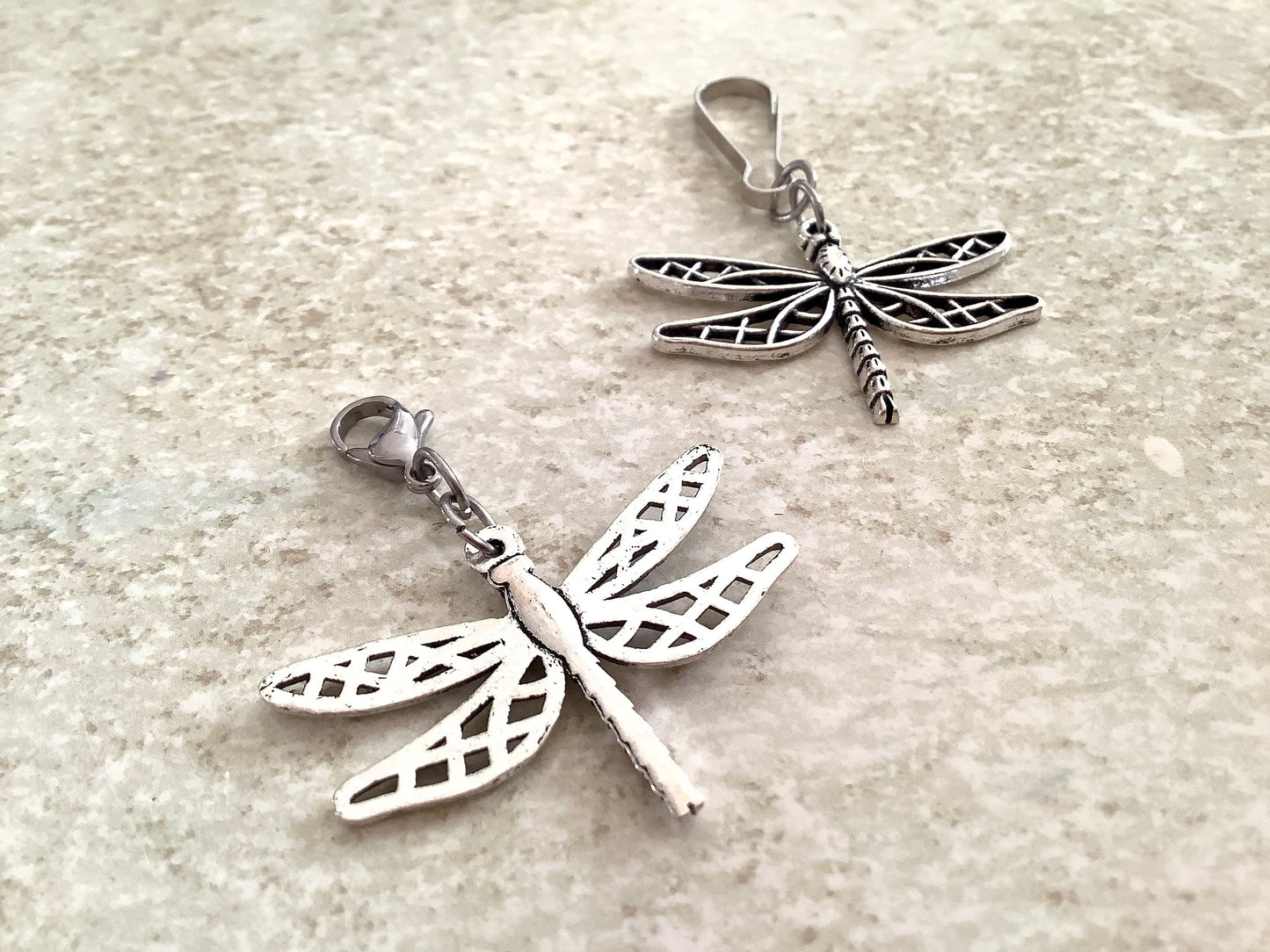 Dragonfly zipper pull, zipper pull charm, lobster claw or J hook, Spring hook for lanyards and Keychains, Silver dragonfly, springtime charm