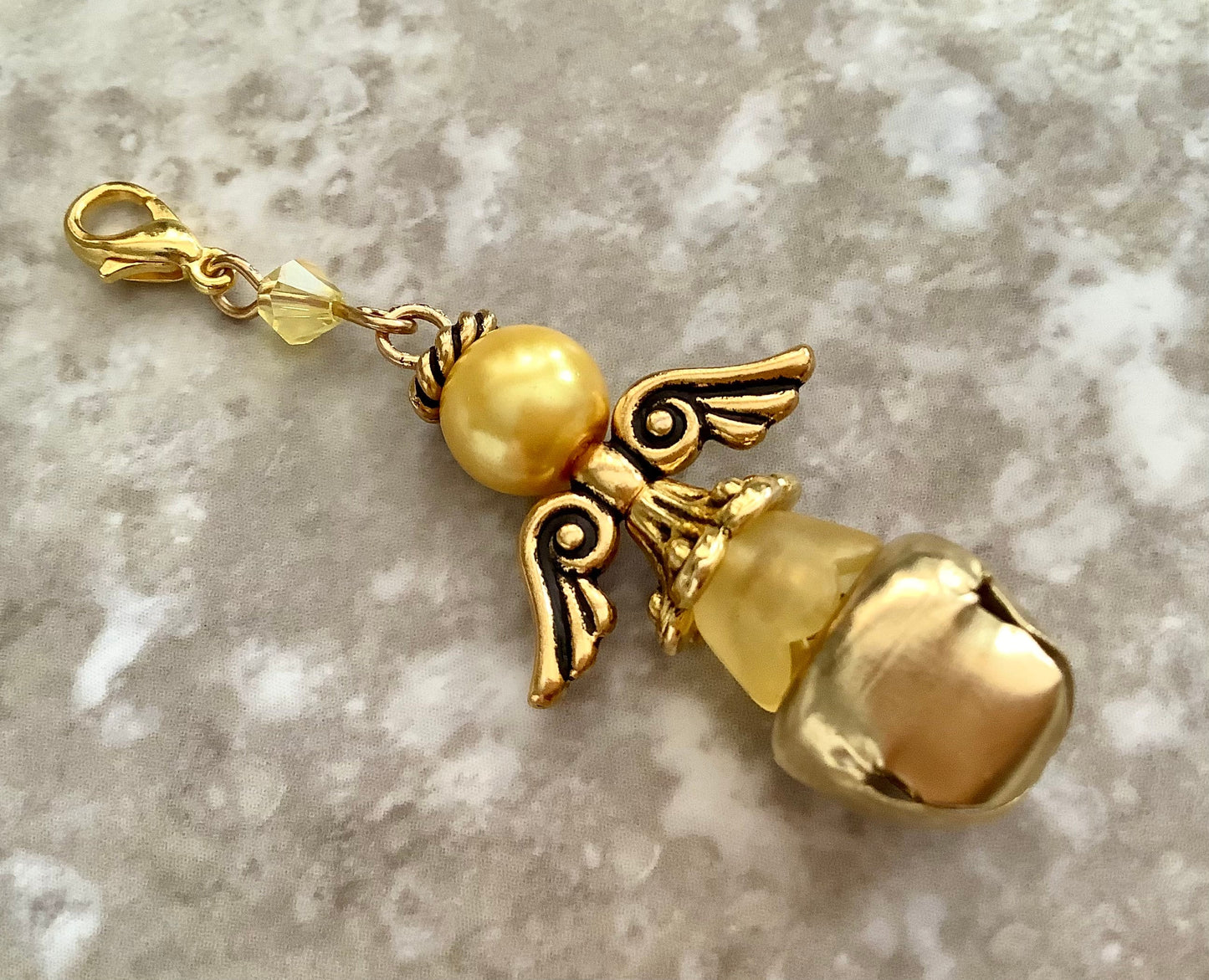 Yellow Angel Charm with real ringing bell, Gold Angel, Angel Gift, Small Gift for Her Faith Charms, Holidays, Birthday, Mother’s Day for Her