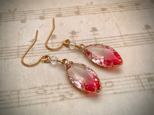 Crystal Earrings pink clear horse eye crystals Warm Gold Autumn Colors Rich Pink Sparkling Earrings Fairy Tale Earrings Princess Jewelry