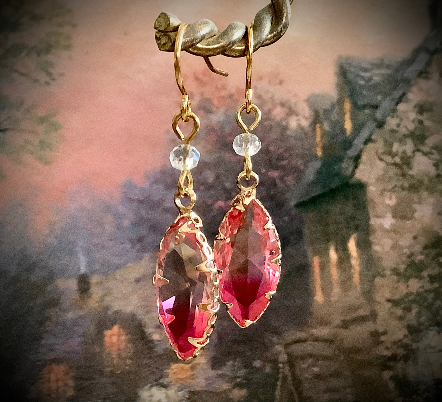 Crystal Earrings pink clear horse eye crystals Warm Gold Autumn Colors Rich Pink Sparkling Earrings Fairy Tale Earrings Princess Jewelry