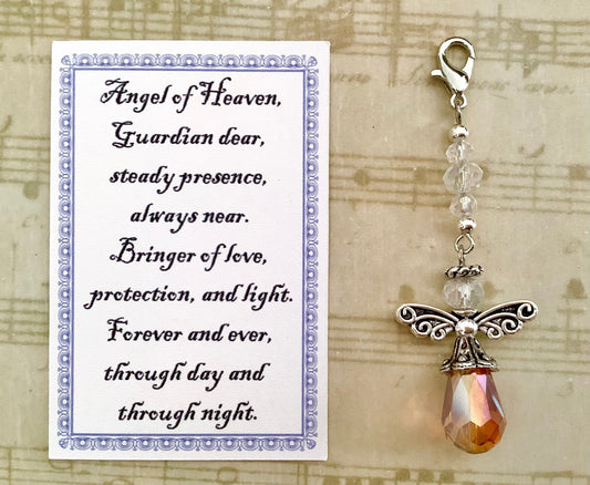 Angel Charm, Guardian Angel Charm with Tiny Clasp, Orange Opal and Antique Silver, Crystal Angel Charm, Memory Charm, Friend Gift, Bridal