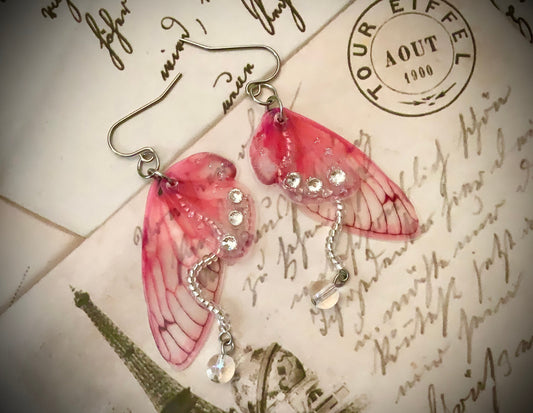 Fairy wing earrings, pink faerie wing earrings, wing earrings, stainless steel hooks, transparent wing earrings, steel glitter rhinestones