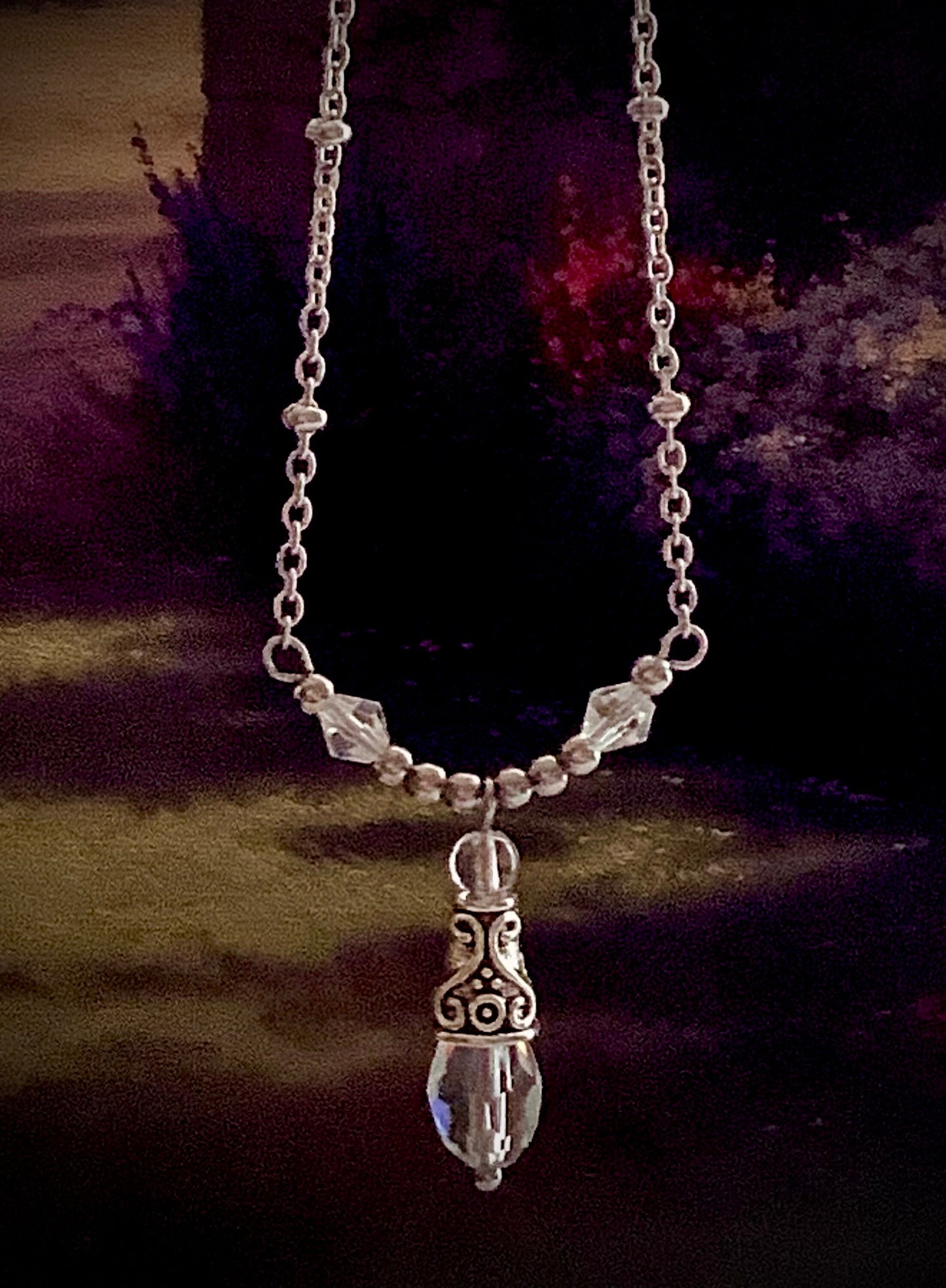 Crystal pendant necklace, teardrop pendant necklace, antique silver and stainless steel, Elven jewelry, magical necklace, Celtic jewelry