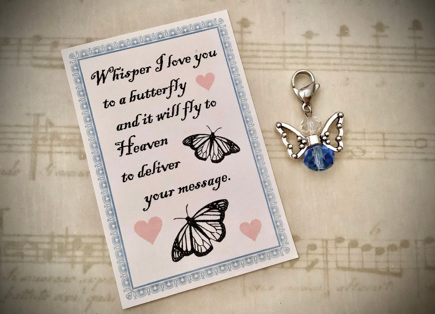 Whisper I Love You To A Butterfly And It Will Fly To Heaven Saying w/ Butterfly Angel Charm, Bouquet, Sympathy Gift, Something Blue keepsake