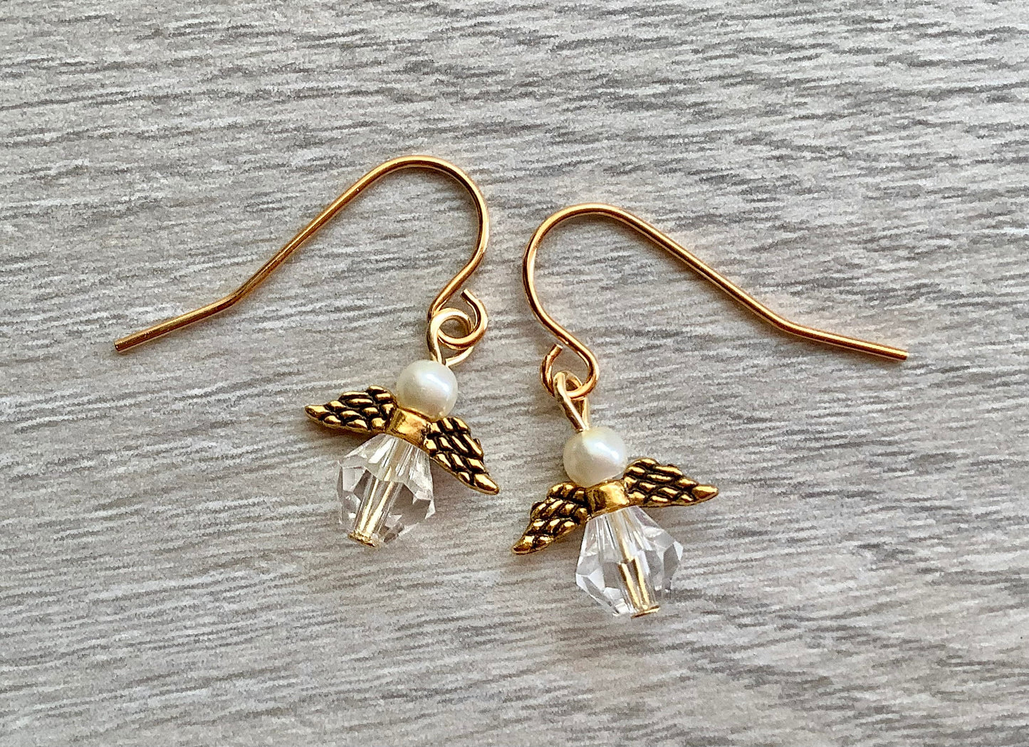 Tiny Angel earrings, teeny gold Angel earrings with gold plated steel hooks, small dainty earrings for girls or ladies, crystals, pearls