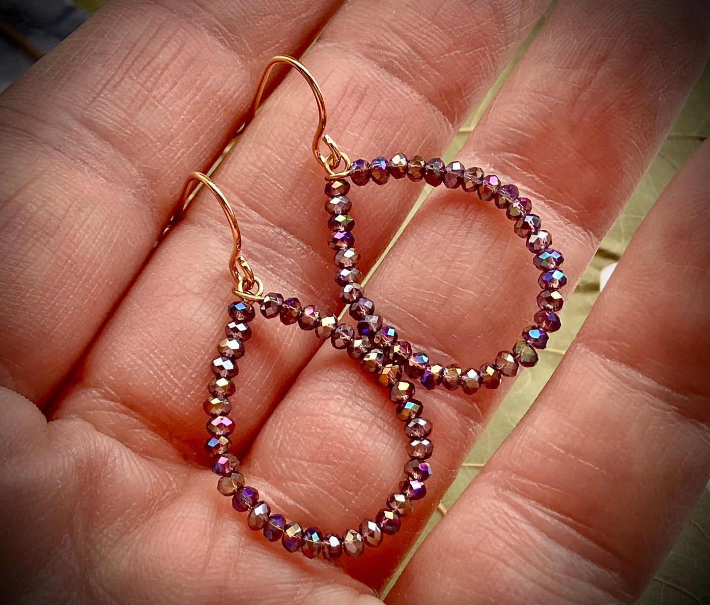 Crystal hoop earrings | teardrop hoops | micro crystals | tiny crystals hoop earrings | Fall accessories | mystic purple | Beaded hoops