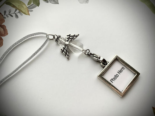 Tiny frame on ribbon for wedding bouquet | Angel photo frame charm for the bride