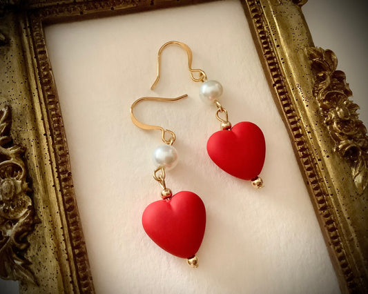 Heart shaped earrings, dangling heart earrings, glass pearls, Valentine’s Day gift for her