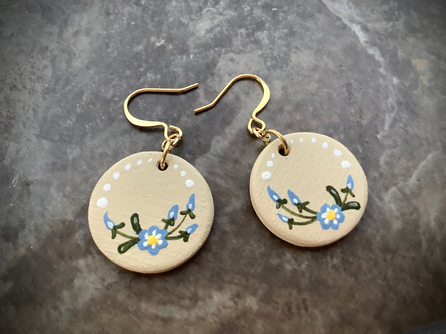 Hand Painted Floral Flower Wildflower Earrings, Mother’s Day, birthday gift, boho, cream, blue, white,Statement earrings for Valentine's Day