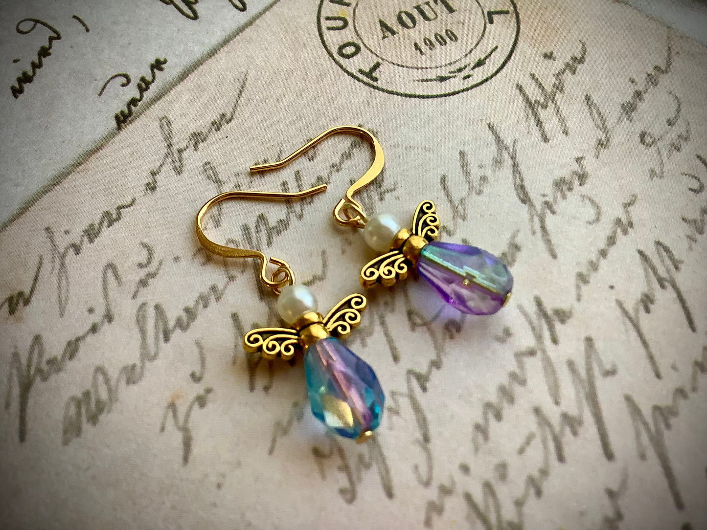 Angel earrings, Victorian style jewelry, Victorian Angel Earrings, handmade with enchanted color crystals, gold plated hooks, romantic