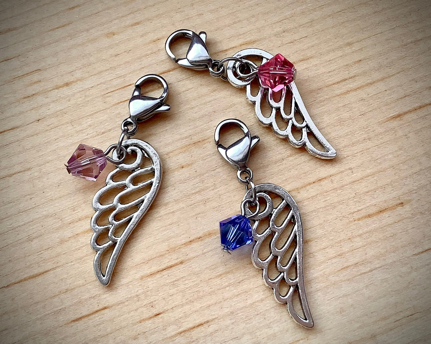 Crystal Birthstone Angel Wing Charm with Clasp, Zipper pull charm add on charm for necklaces, bracelets and more, memory charm, sweet 16