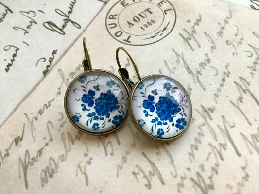 Chinese Style Blue Flower Porcelain Look, Button Earrings, Cabochon Earrings - Ancient Style Alloy Jewelry for Women and Girls, Cottage Mood