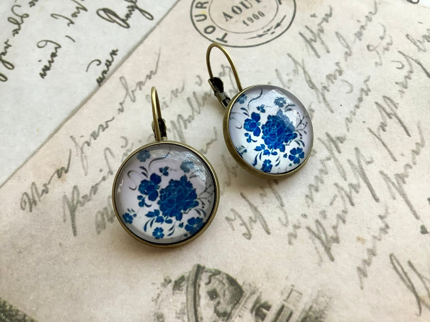 Chinese Style Blue Flower Porcelain Look, Button Earrings, Cabochon Earrings - Ancient Style Alloy Jewelry for Women and Girls, Cottage Mood