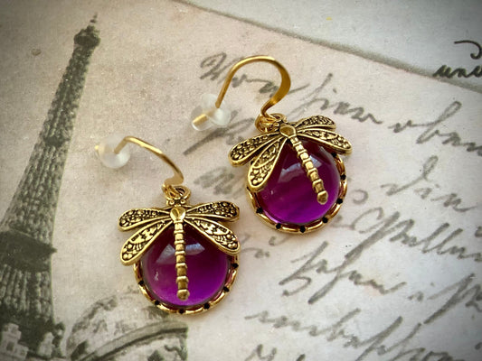 Vintage Style Dragonfly Earrings - Stylish and Trendy - Purple Glass - Antique gold-tone finish - Magical Jewelry - Fairycore