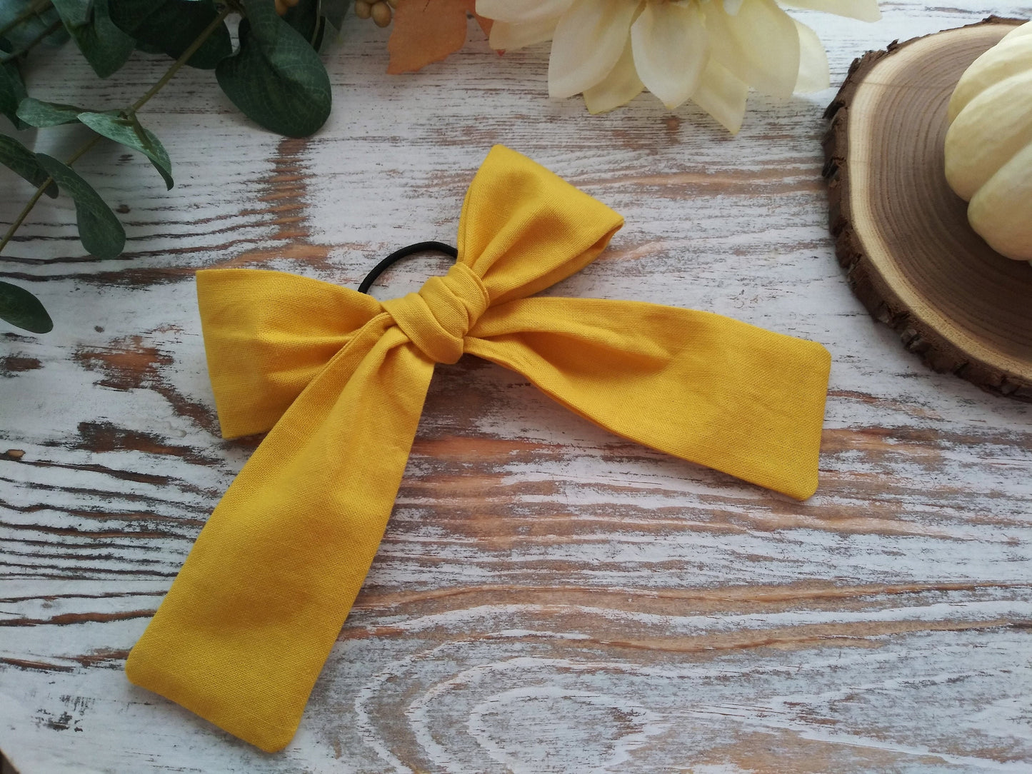 Hand Tied Harvest Gold Bow for Hair - Mustard Yellow Hair Bow - Pony Tail Elastic - Pony Tail Bow - Hair Bow - Girls - Women - Fall Hair