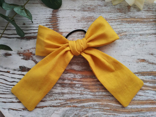 Hand Tied Harvest Gold Bow for Hair - Mustard Yellow Hair Bow - Pony Tail Elastic - Pony Tail Bow - Hair Bow - Girls - Women - Fall Hair