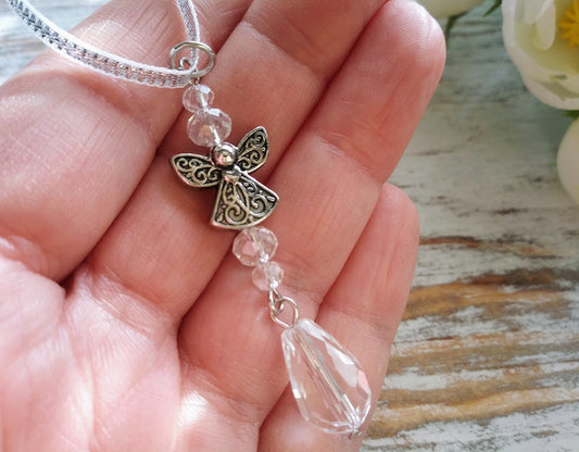 Guardian Angel Car Charm, Car ornament, Memory Charm for Car, Angel on Ribbon, Tiny Angel Suncatcher, Clear Glass Crystal Beads, Protection