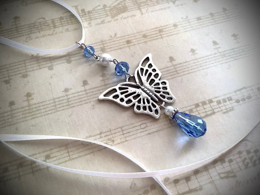 Blue butterfly bouquet charm, rear view mirror charm, glass crystals, new car gift, butterfly ornament, memory charm, symbol of change, hope