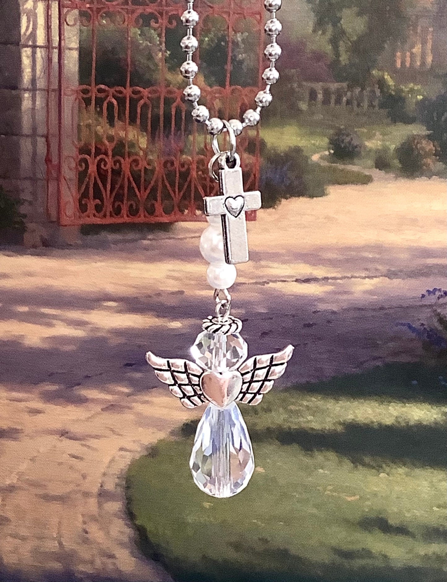 Angel of Heaven, Rearview Mirror Car Charm, Angel with Cross Ornament, Suncatcher Remembrance of a Loved One, New Driver, Hanging Crystal